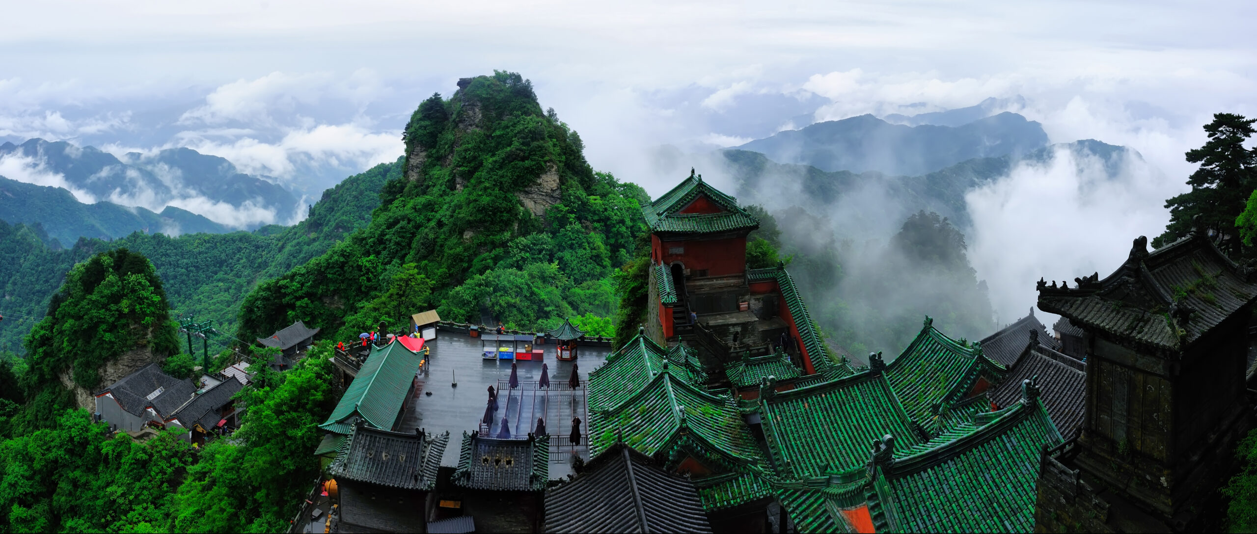 Panoramic view of Wudang Shan's sacred mountains and Taoist landscape